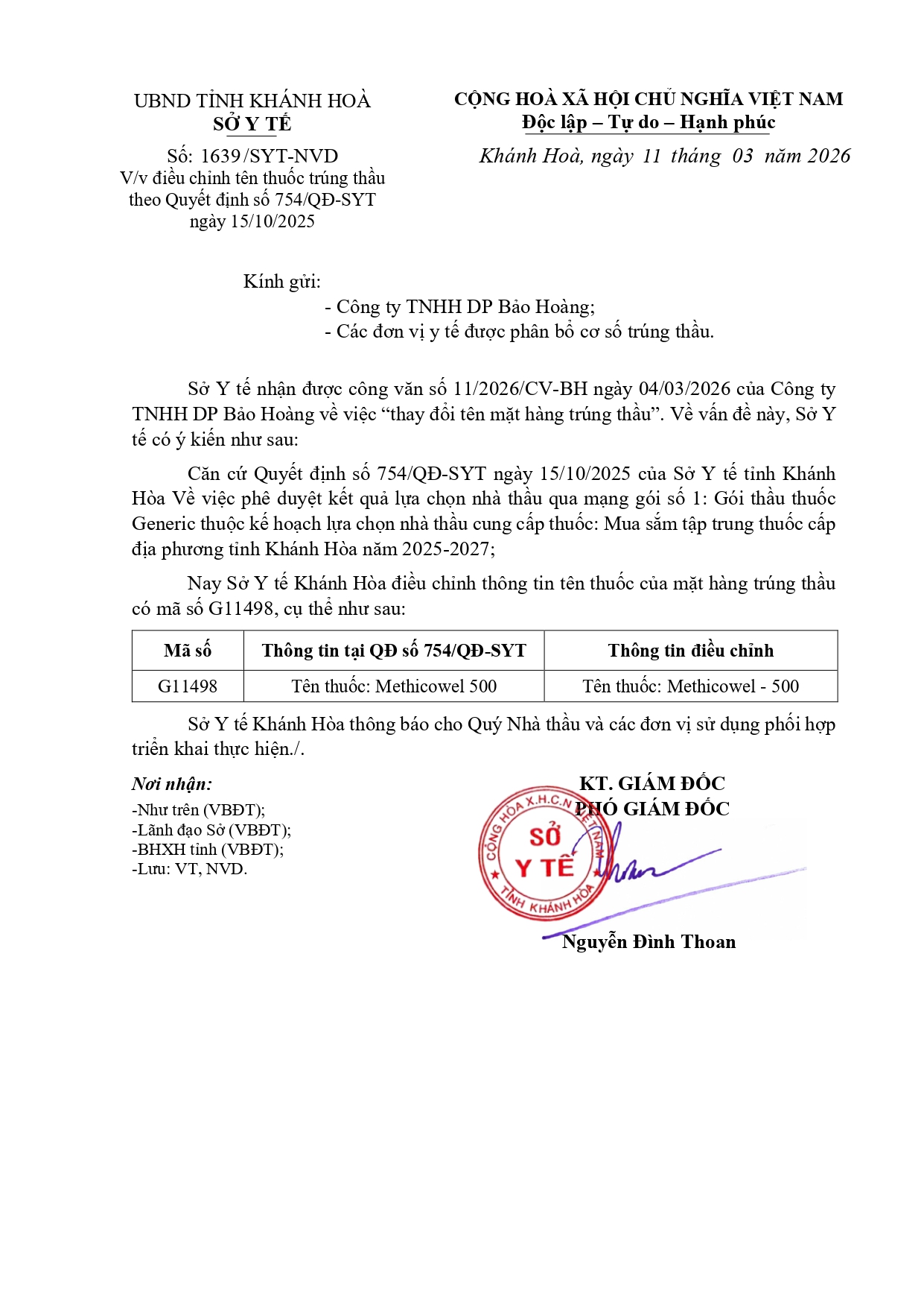 V/v điều chỉnh tên thuốc trúng thầu theo Quyết định số 754/QĐ-SYT ngày 15/10/2025